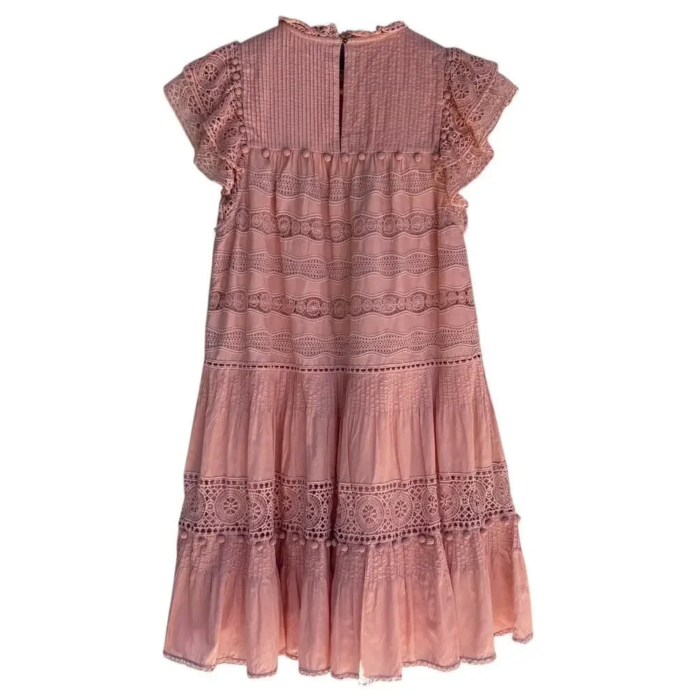 Ulla Johnson Nora Dress Size 6 Crochet Pom Poms Flutter Sleeve Light PInk /Peach